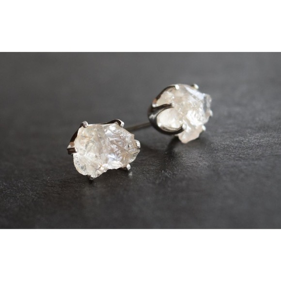 Sterling silver stud earrings, alternative diamond, uncut natural gemsto… - Picture 1 of 5
